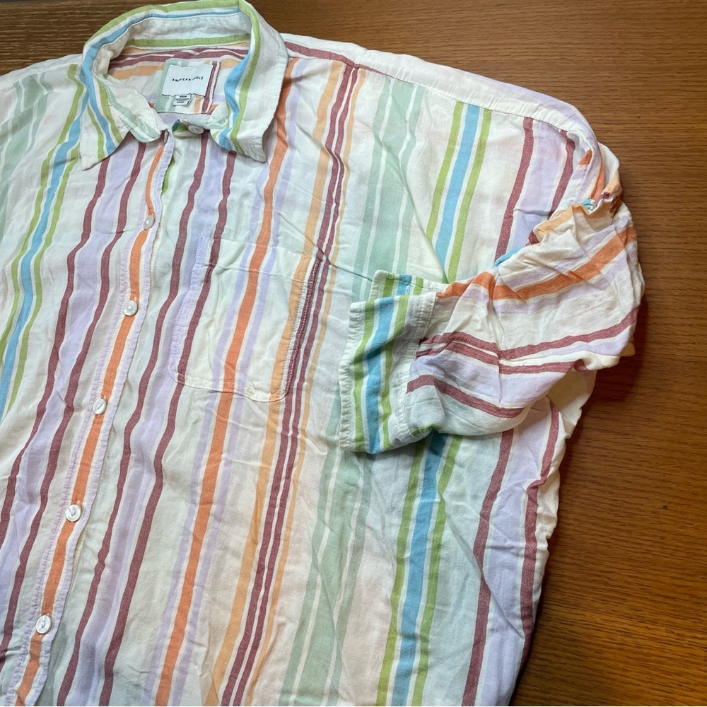 American Eagle Oversized Shirt Women's M Pastel Stripes Button Down Roll Sleeve - Picture 6 of 13